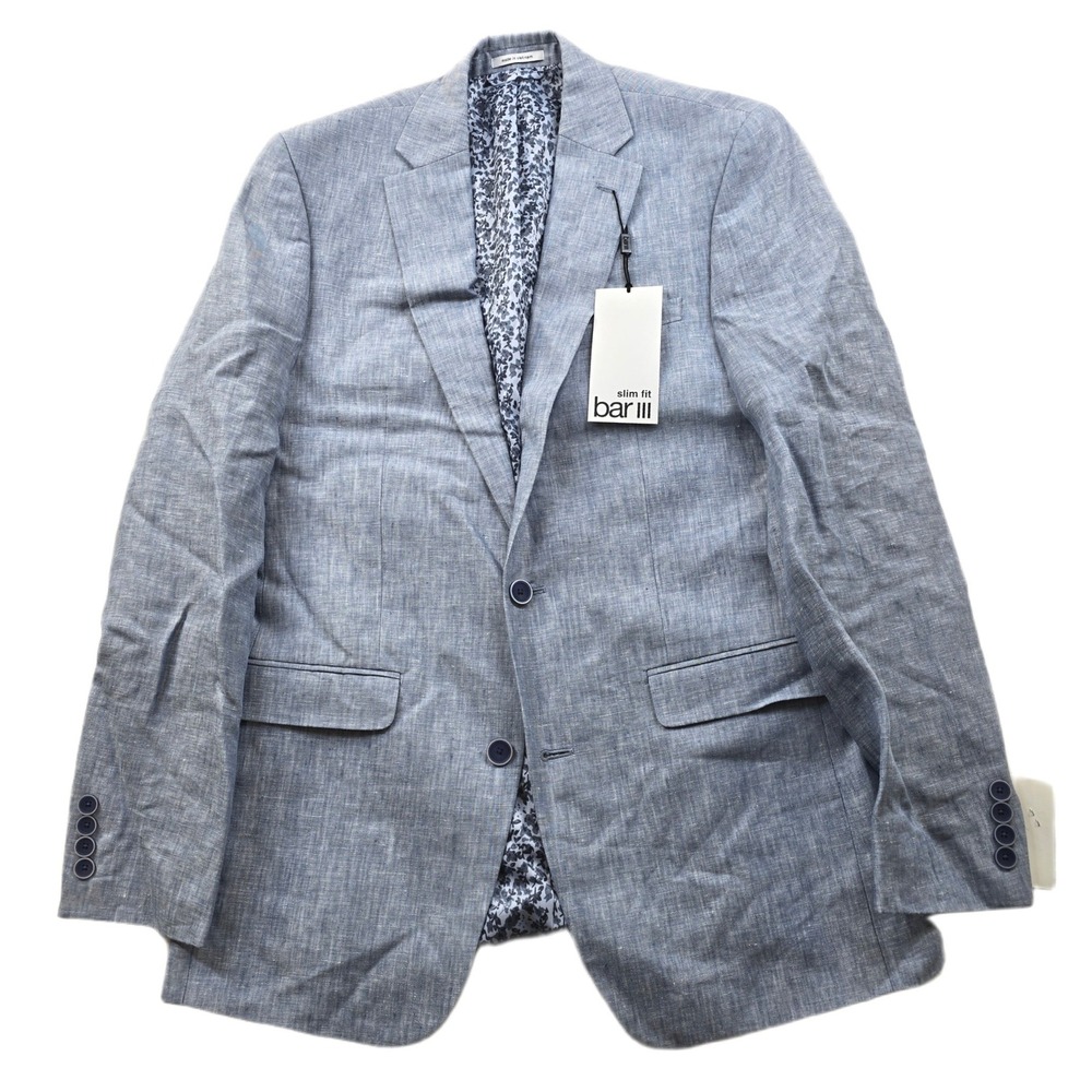 Bar III Slim-Fit Linen Suit Jacket Mens 38L Blue Textured Sport Coat $360 NEW